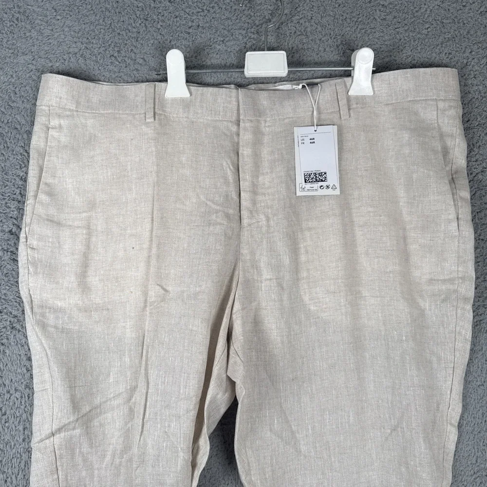 H&M Linen Pants Mens 46x30 Slim Fit Cropped Tan Summer Trousers Beach Resort